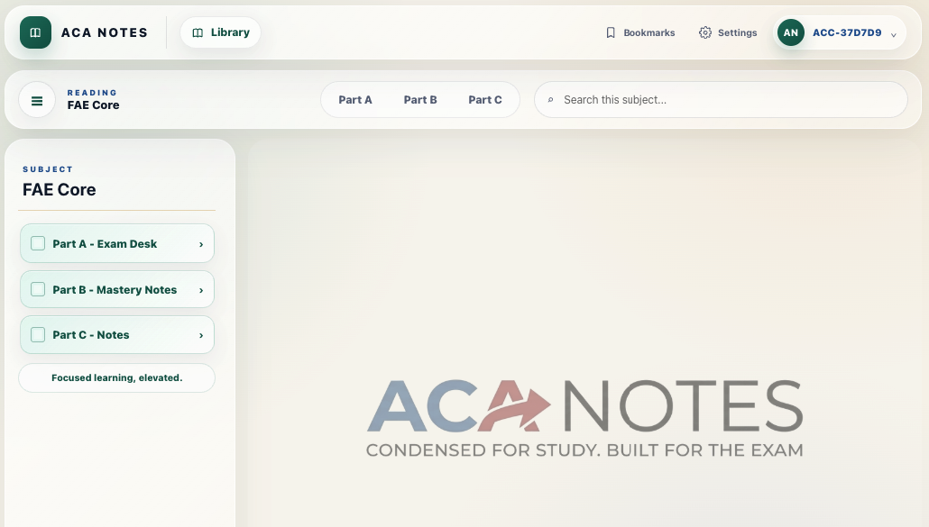 ACA Notes Reader interface showing FAE Core with Part A, Part B, Part C, and search controls